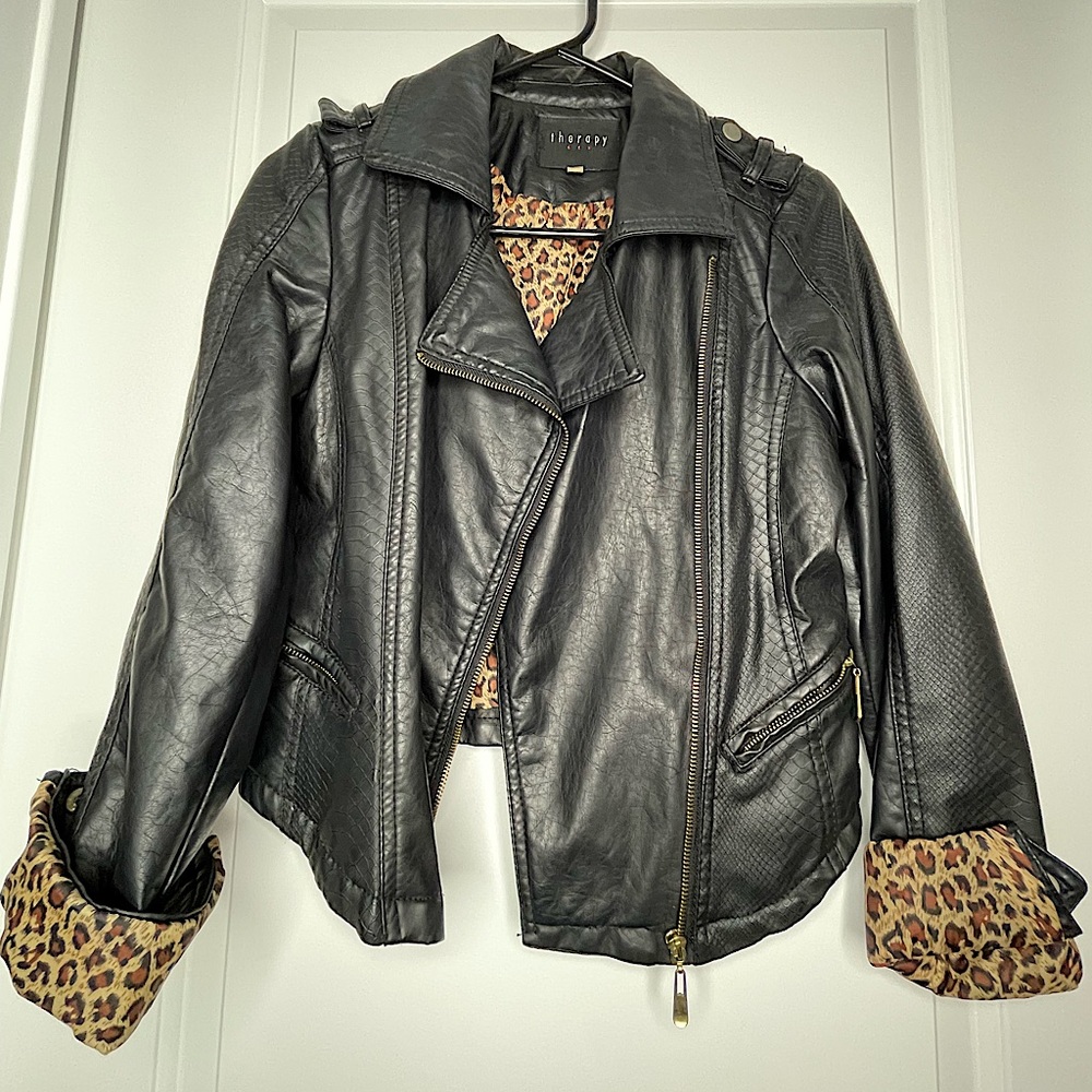 Faux Leather Jacket - Black with Leopard Print Lining